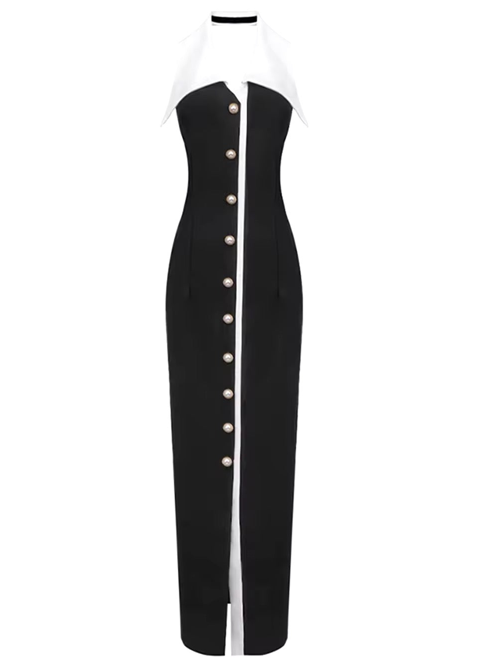 Pearl Button Backless Black Tight Maxi Dress