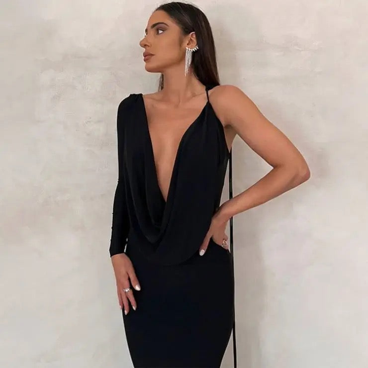 One Shoulder Backless Maxi Dress In Black