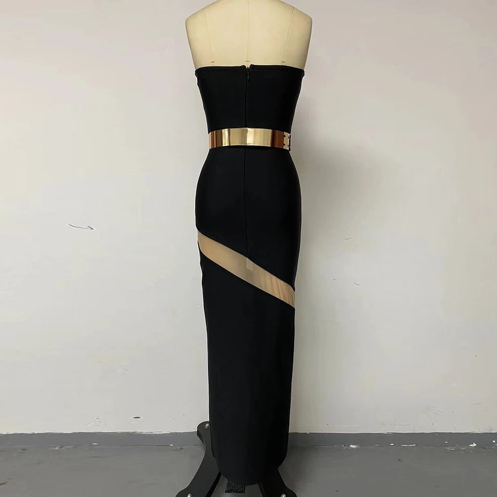 Strapless V-neck Mesh Spliced Gold Belt Long Bandage Dress