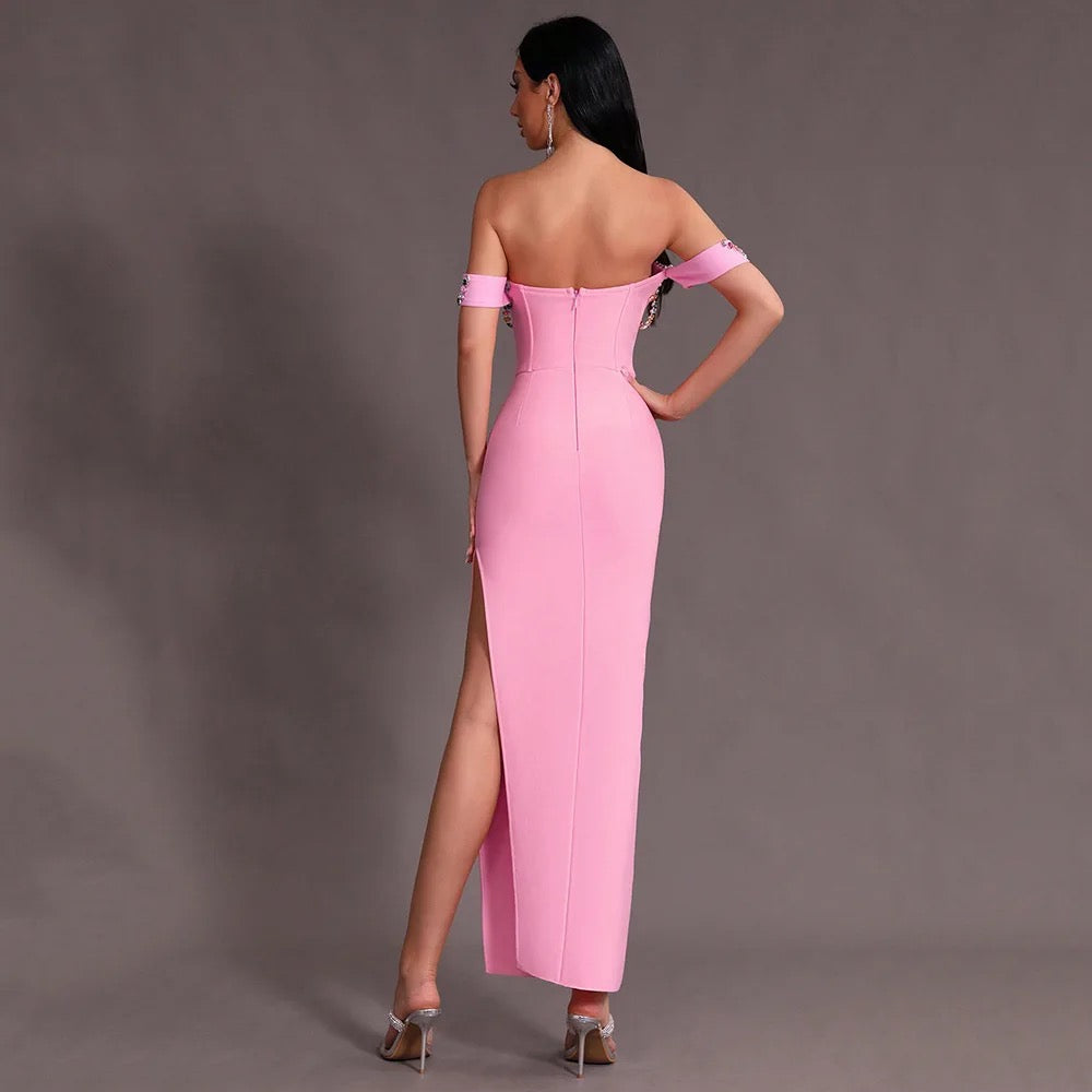 Pink Split Off Shoulder Diamond Long Bandage Ball Dress