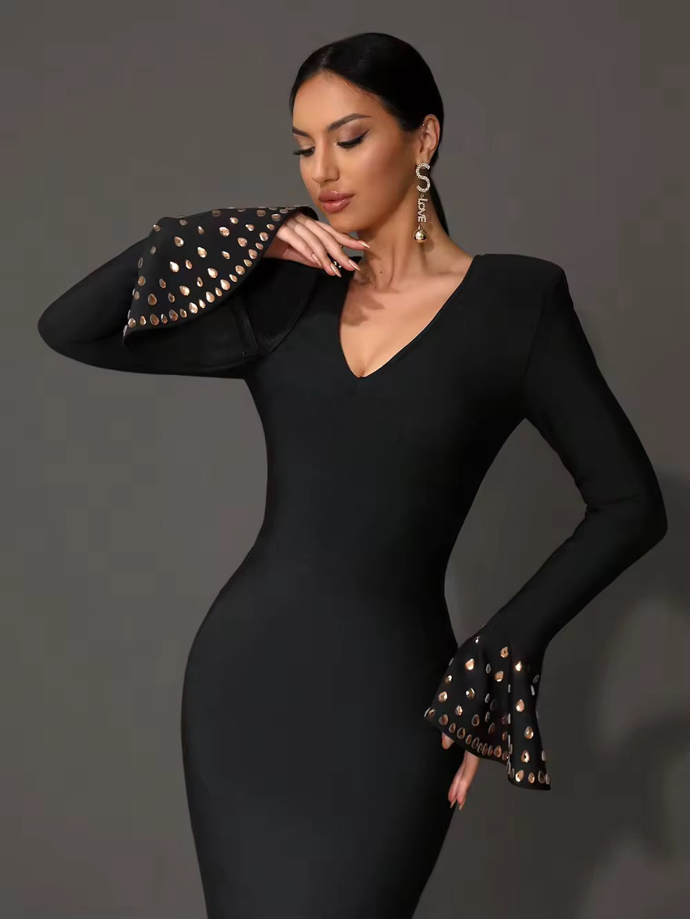 Black Crystal Sexy V-Neck Flared Sleeve Tight Long Bandage Dress