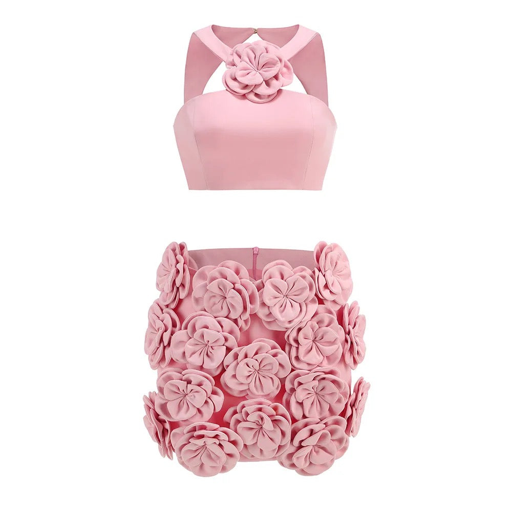 Pink Sexy 3D Flower Decoration Tight 2-piece