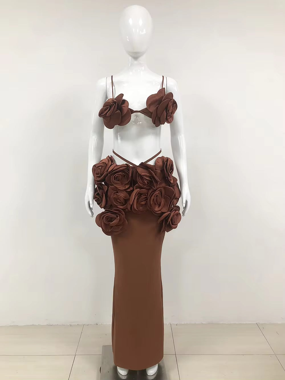 3D Flower Bandage Top+Skirt Two-Piece Set Crop Top Large Flower Wrapped Corset set