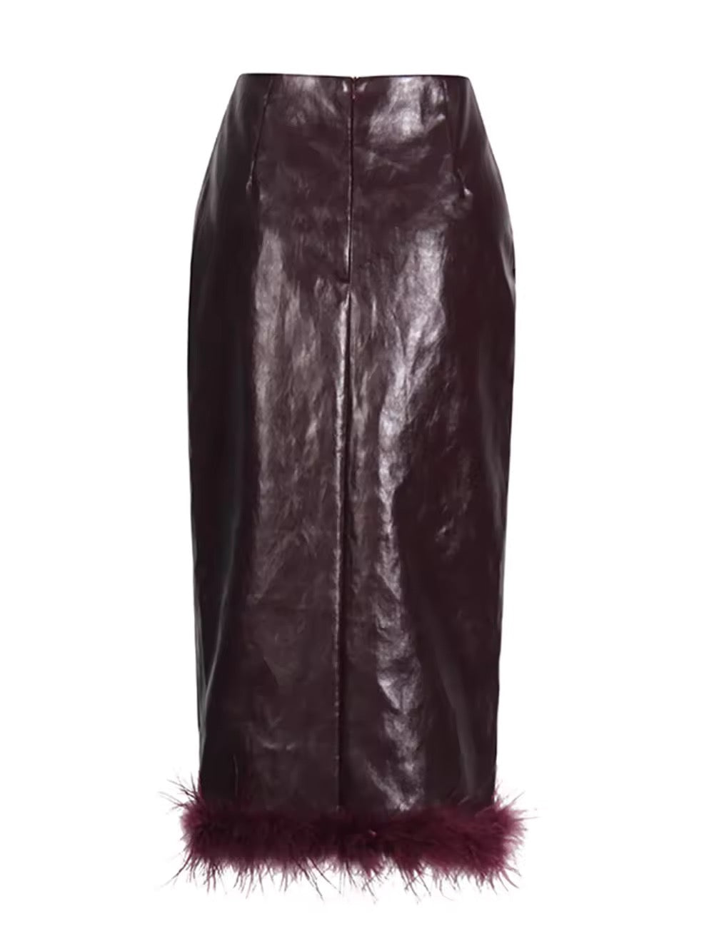 Pu Leather High Waist Splicing Feather Bodycon Midi Skirt