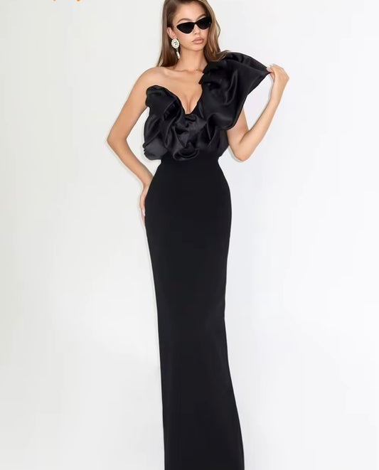 Ruffle Asymmetrical Collar One Shoulder Tight Bandage Maxi Dress