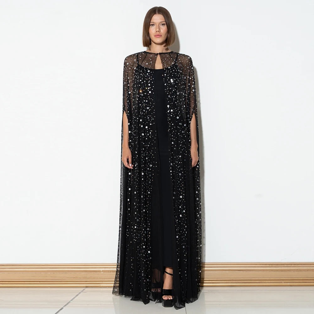 Black Sequin Decorative Mesh Cloak 2-piece Set