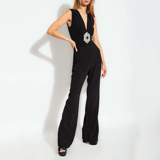 Sexy V-neck Sleeveless Diamond Tight Long jumpsuit