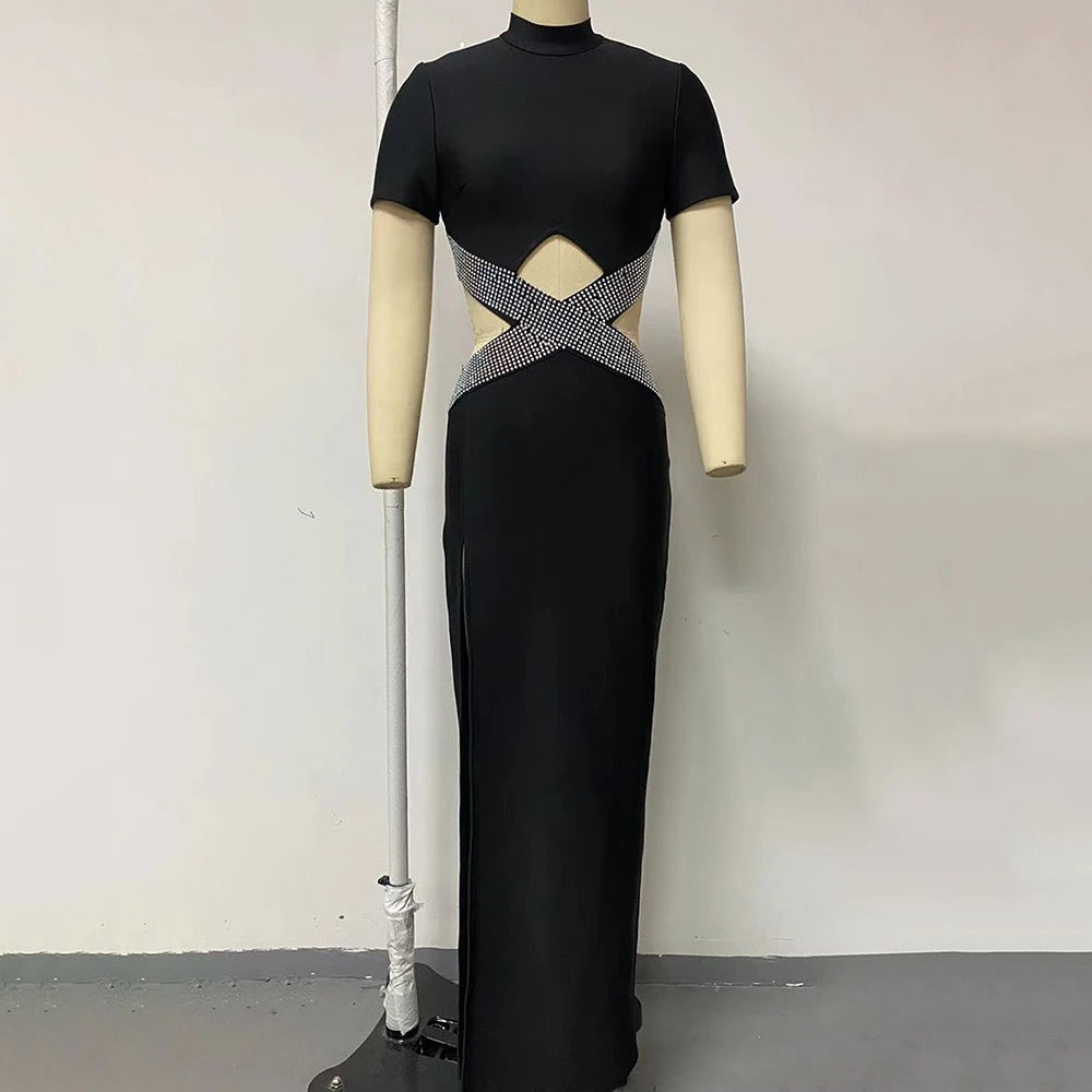 Short sleeved Hollow Diamond Sexy Backless Tight Long Bandage dress