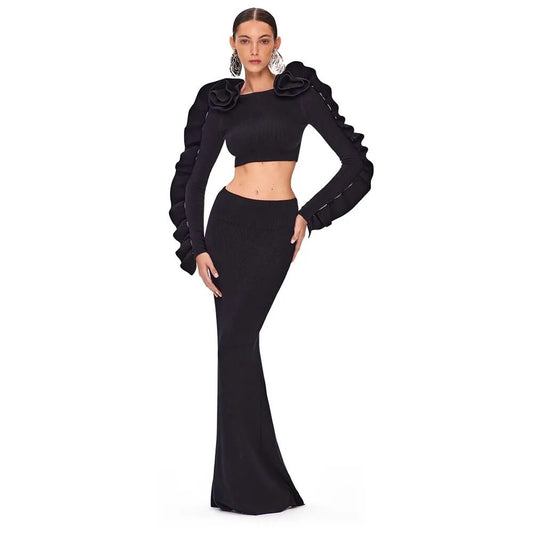 Tight Ruffle Edge Long Sleeve Short Top Long Dress 2-piece Set