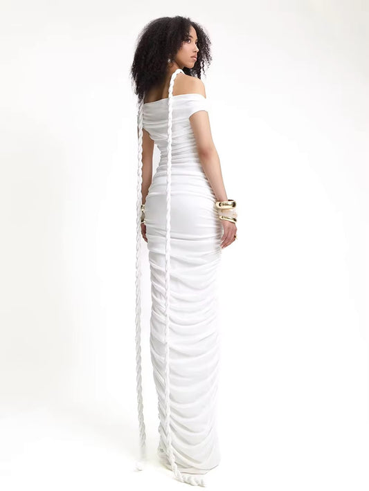 Slash Neck Braided Folds High Waist Elastic Maxi Dress