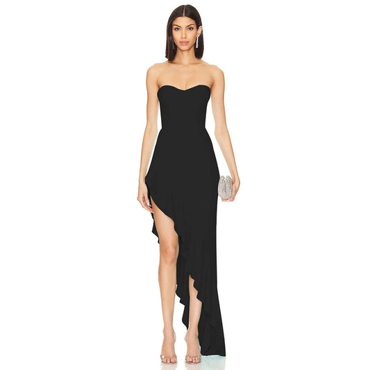 Strapless Asymmetric Ruffle Edge Long Bandage Dress