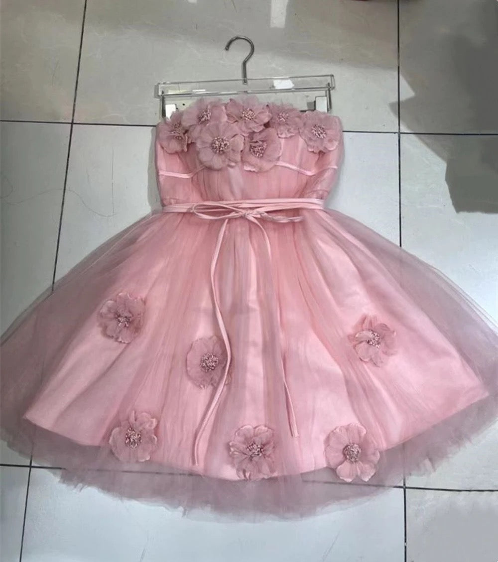 Strapless Pink Lace 3D Flower Mini Dress