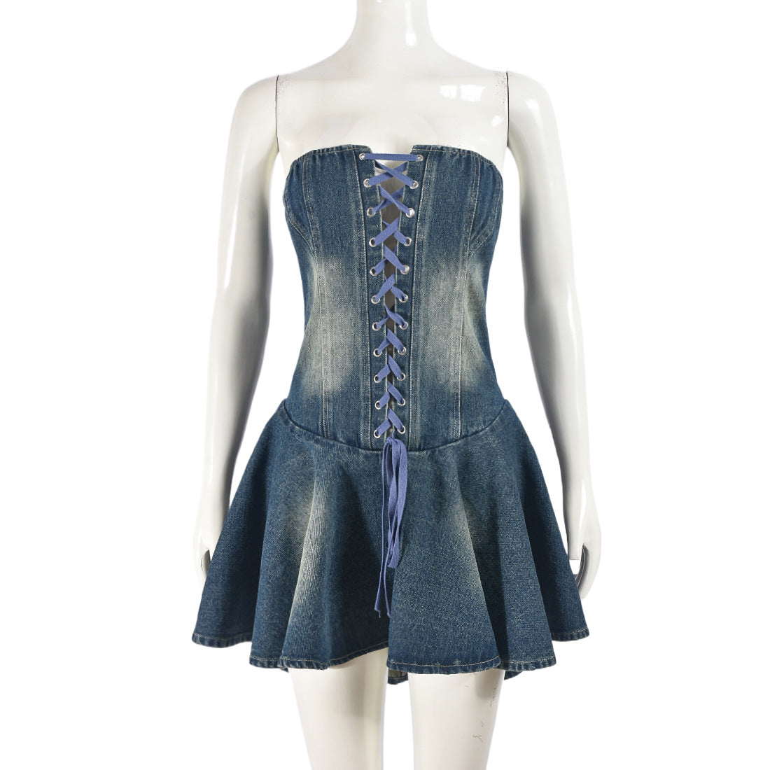 Zipper Lace up Bandeau Sexy Sexy Denim Flounced Dress