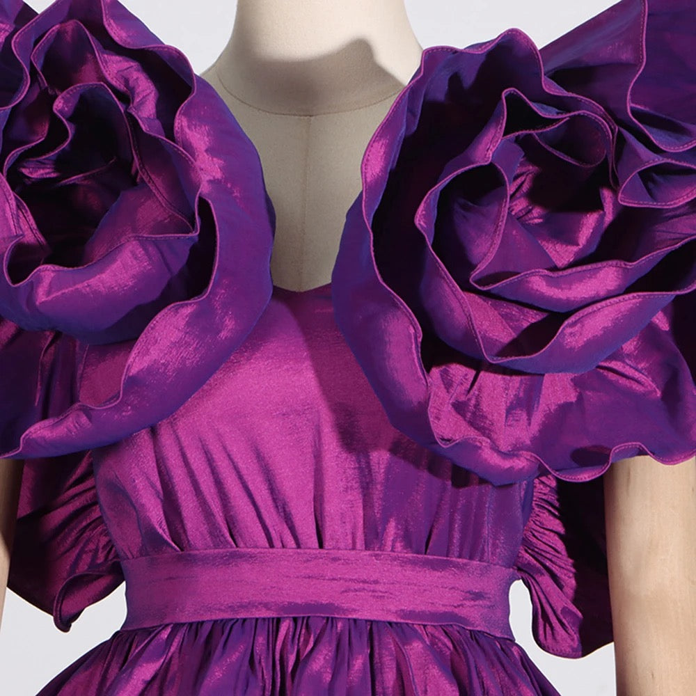 Purple Ruffle Edge V-neck Sexy Ruffle Edge Satin Mini Dress