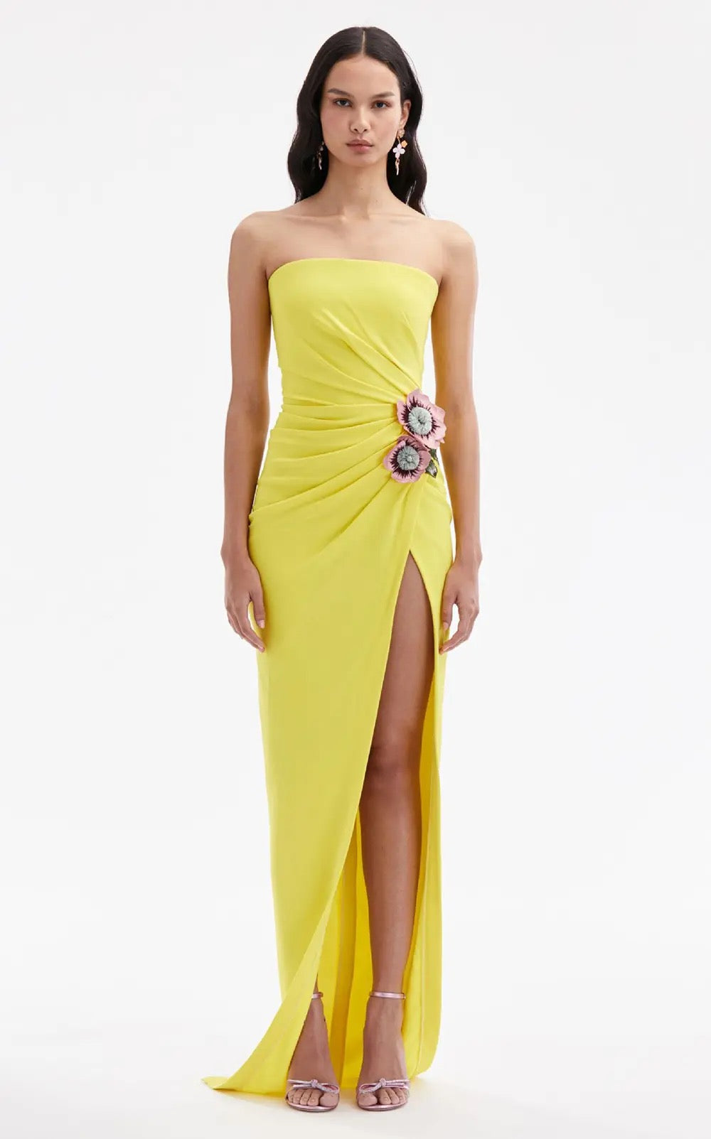 Yellow Sexy Strapless Draped Flower Details High Split Maxi Dress