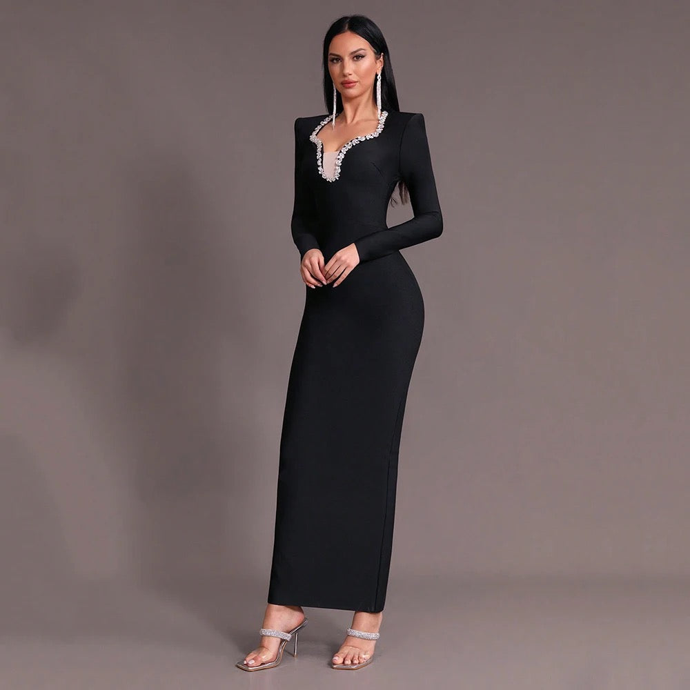 V-neck Diamond Mesh Long Sleeve Tight Long Bandage Dress