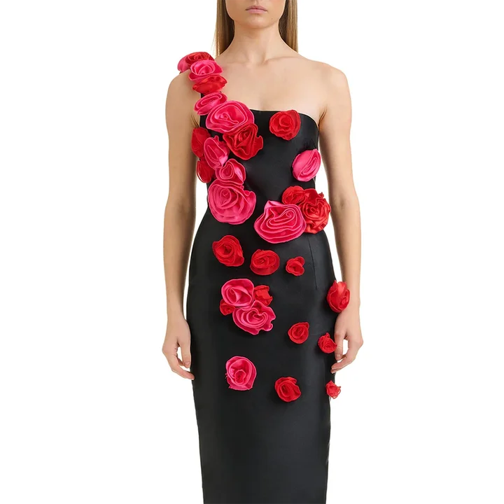 One Shoulder Sleeveless 3D Flower Tight Midi Bandage Dress