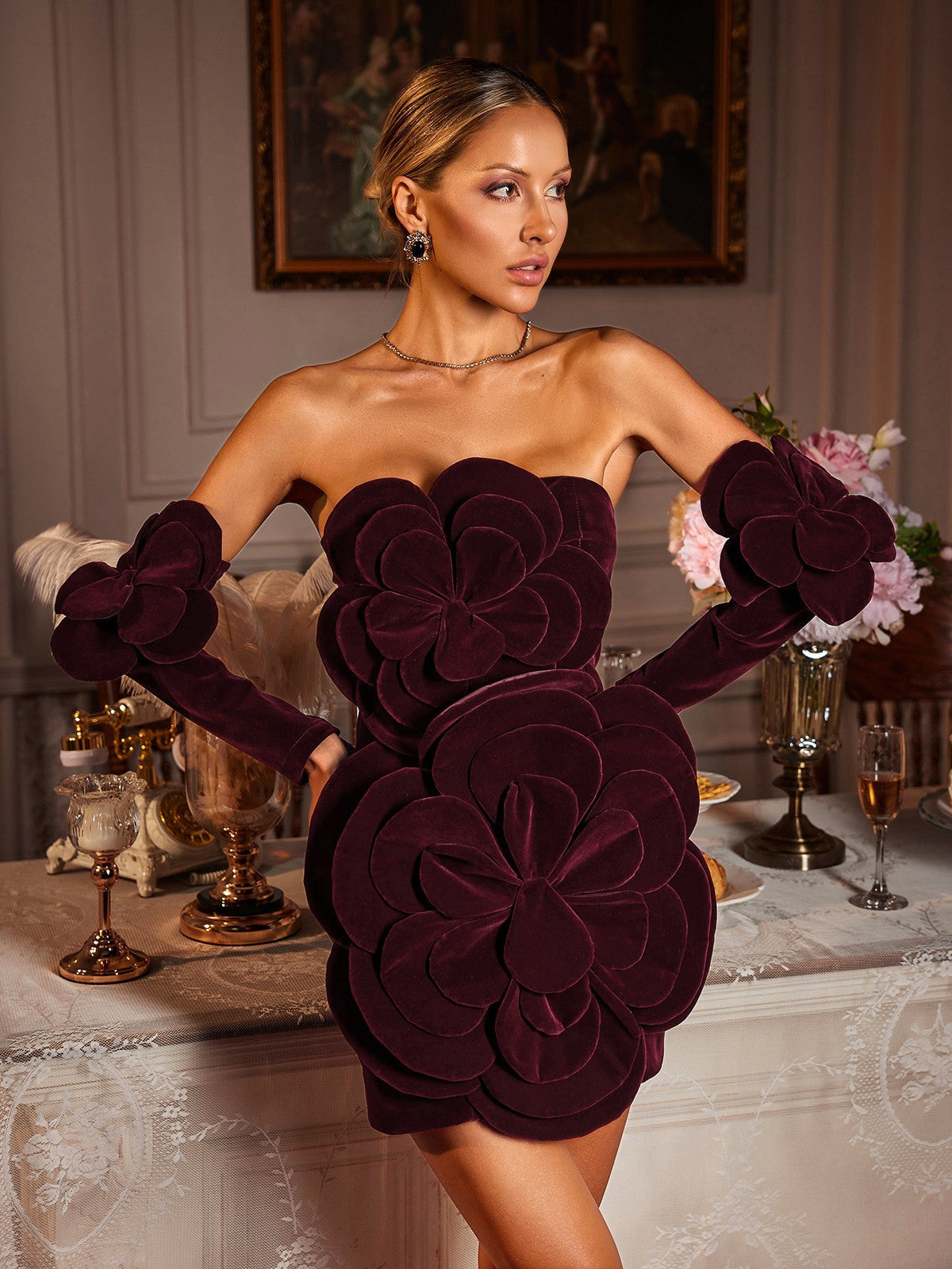 Strapless Flower Velvet Mini Dress With Gloves