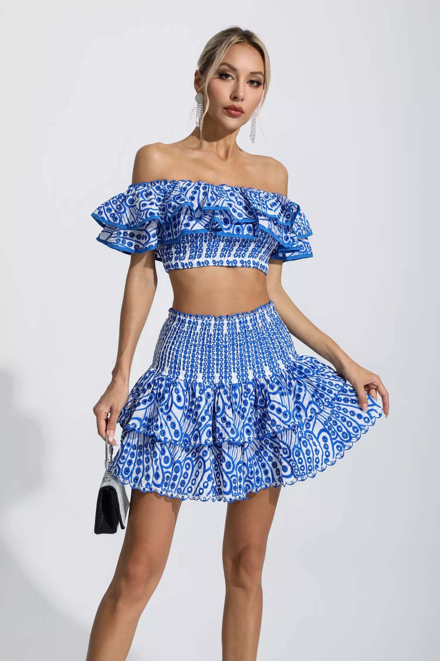 Blue Floral Ruffle Off-Shoulder Set