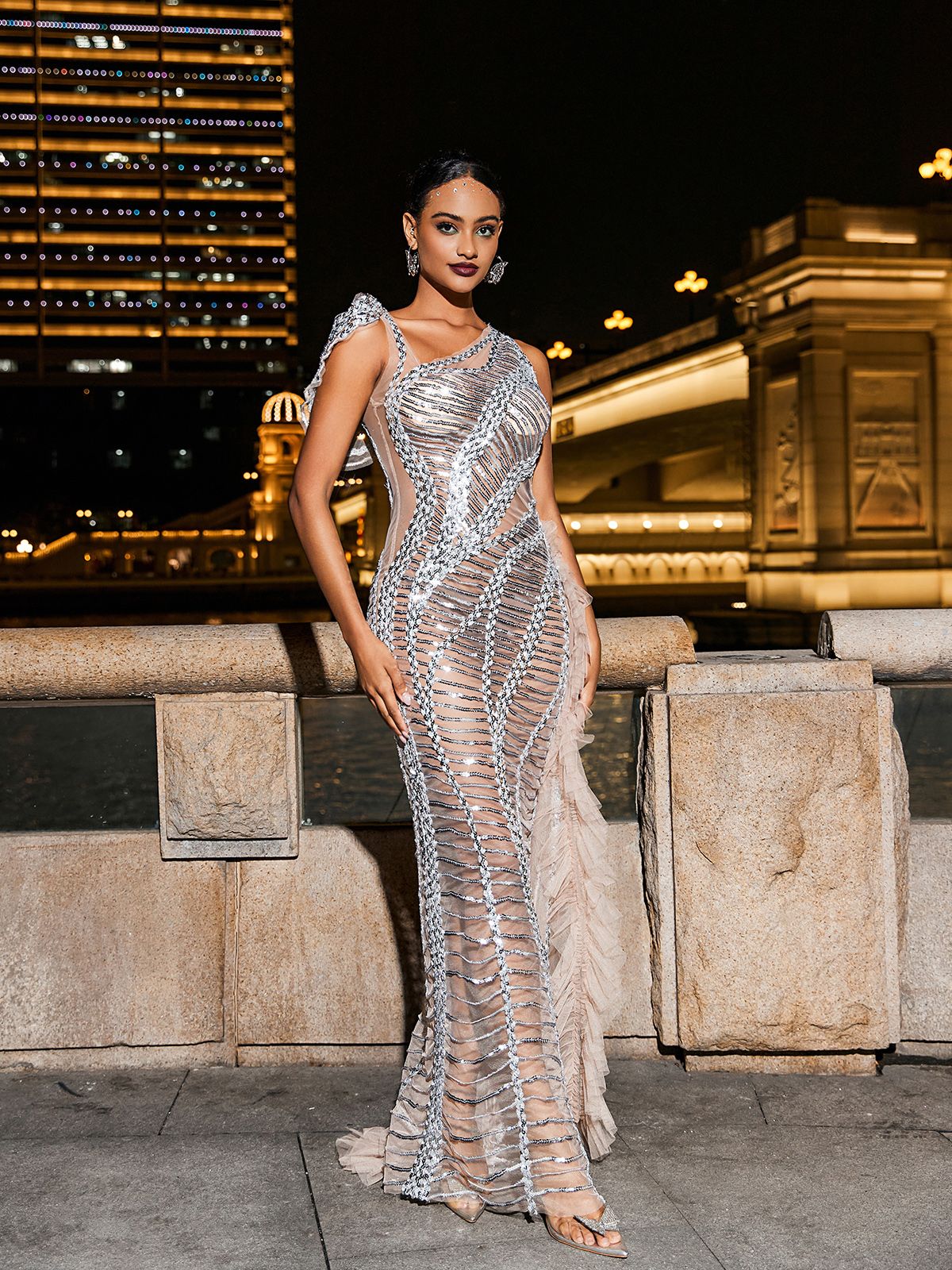 Draped Cutout Sequin Mesh Dress In Silver