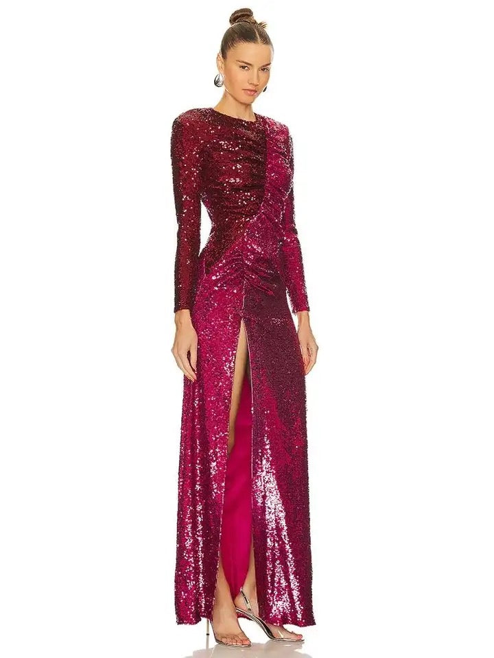 Sequins Long Sleeve Tight High Split Long Dress