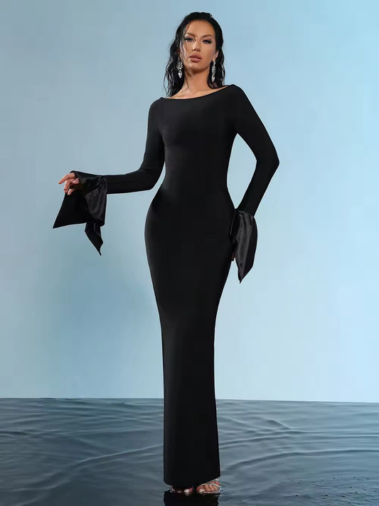 Patchwork Long Sleeves Round Neck Balck Bandage Maxi dress