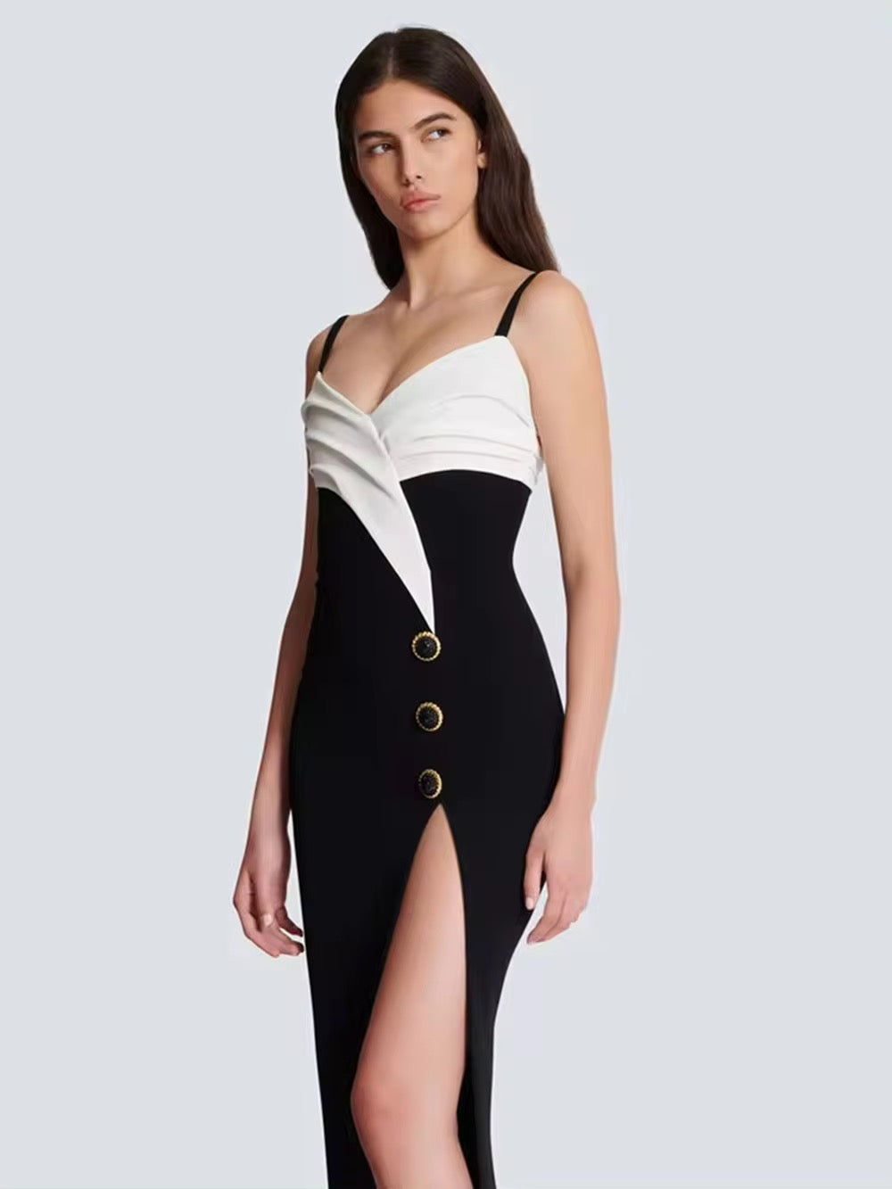 Patchwork Button Spaghetti Strap Backless Sexy Maxi Bandage Dress