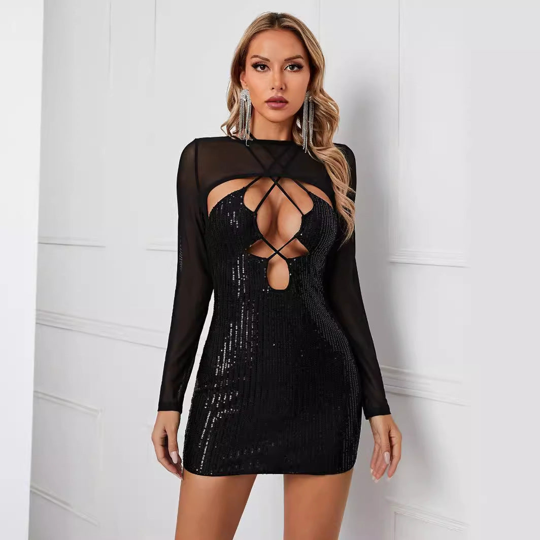 Sequined Tube Top Hollow Out Cutout out Party Evening Dress