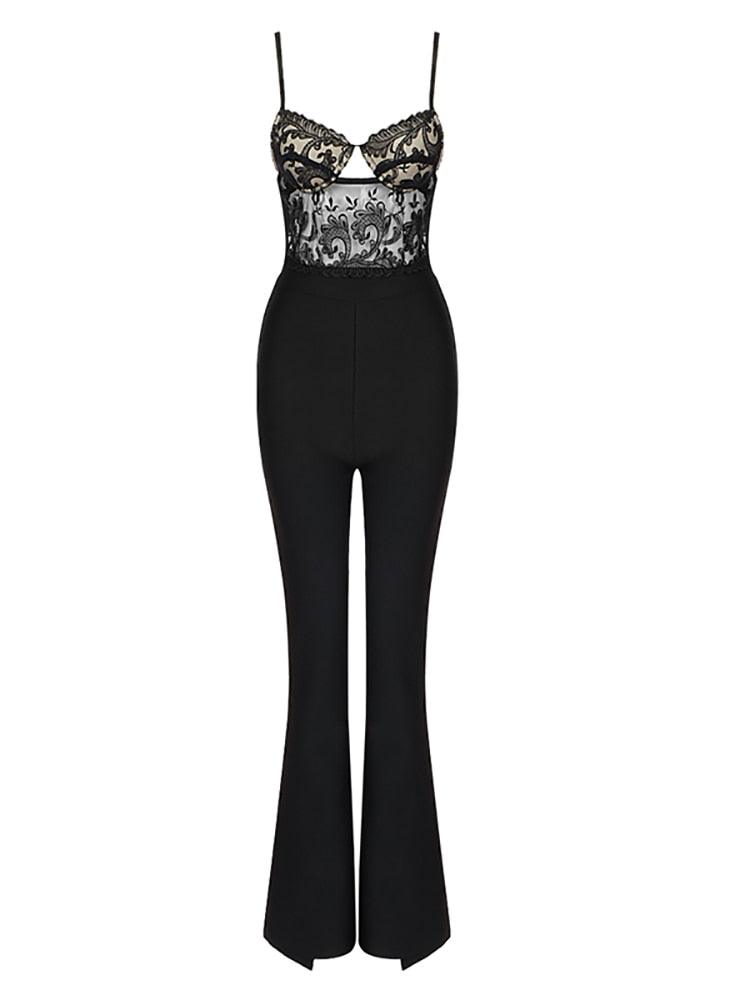 Elegant Black Lace Patchwork Bandage Jumpsuit REBECATHELABEL