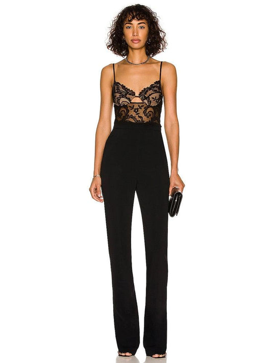 Elegant Black Lace Patchwork Bandage Jumpsuit REBECATHELABEL