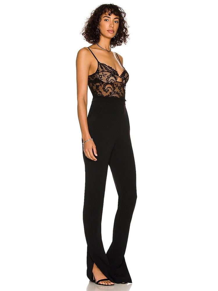 Elegant Black Lace Patchwork Bandage Jumpsuit REBECATHELABEL