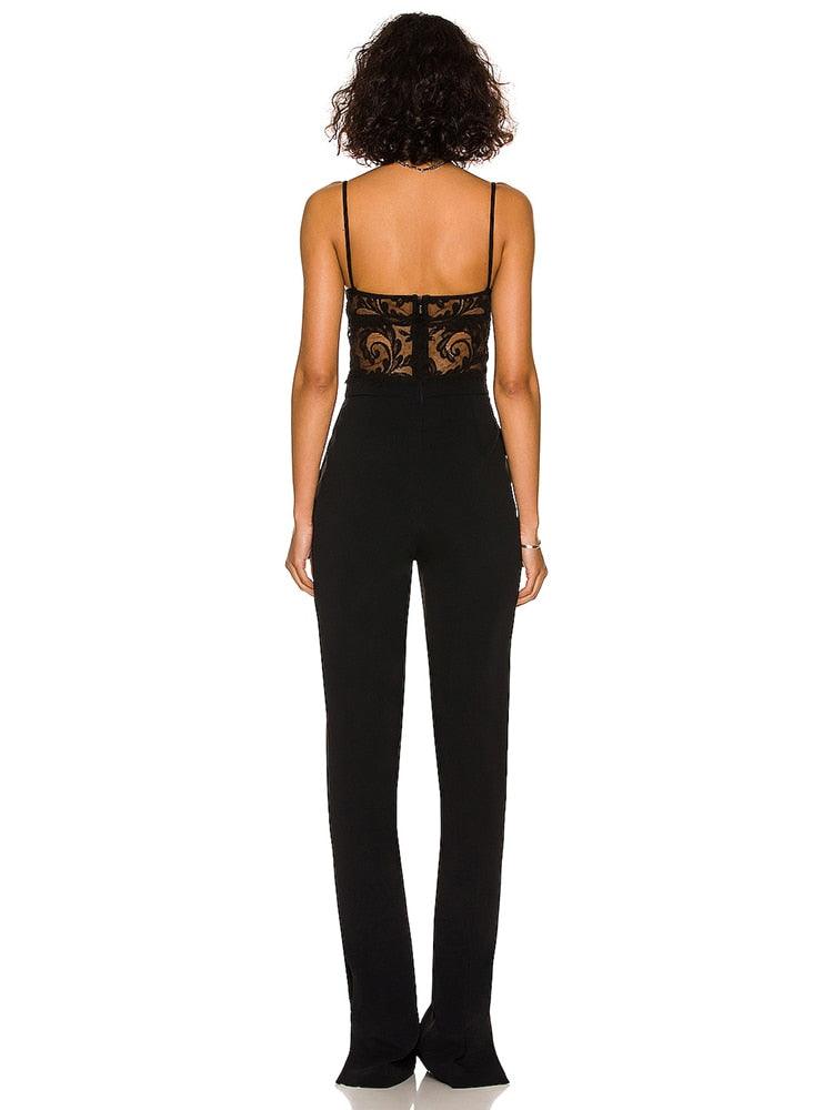 Elegant Black Lace Patchwork Bandage Jumpsuit REBECATHELABEL