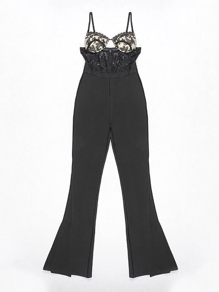 Elegant Black Lace Patchwork Bandage Jumpsuit REBECATHELABEL