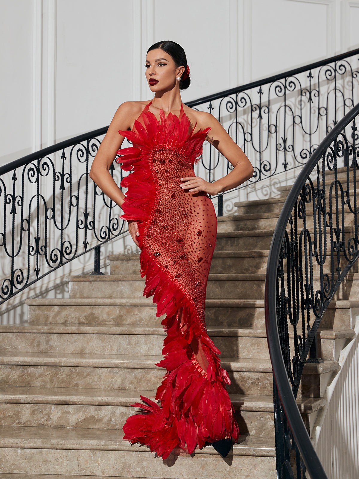 Embellished Mesh Feather Maxi Dress In Red REBECATHELABEL