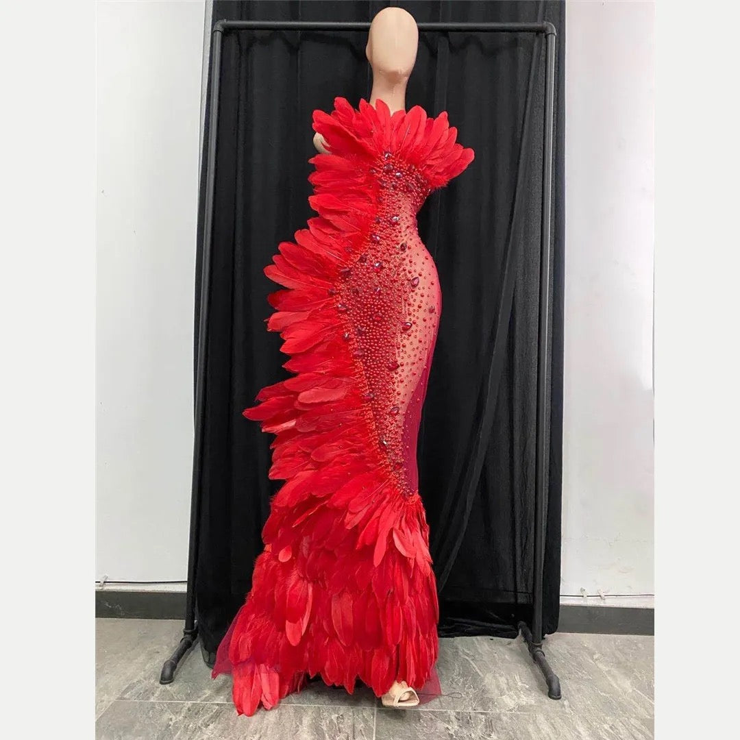 Embellished Mesh Feather Maxi Dress In Red REBECATHELABEL