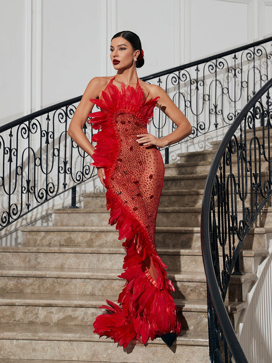 Embellished Mesh Feather Maxi Dress In Red REBECATHELABEL