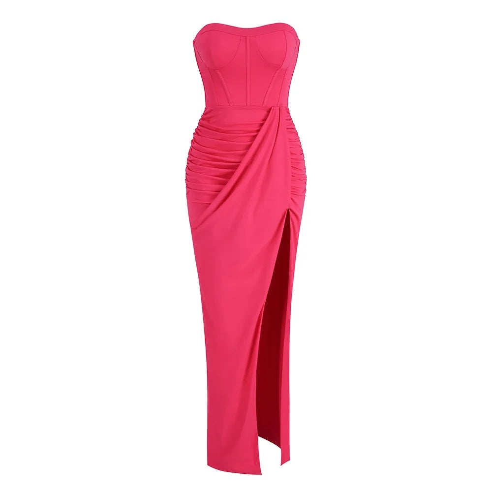 Eye-catching Pink Off Shoulder Pleated High Split Long Dress REBECATHELABEL