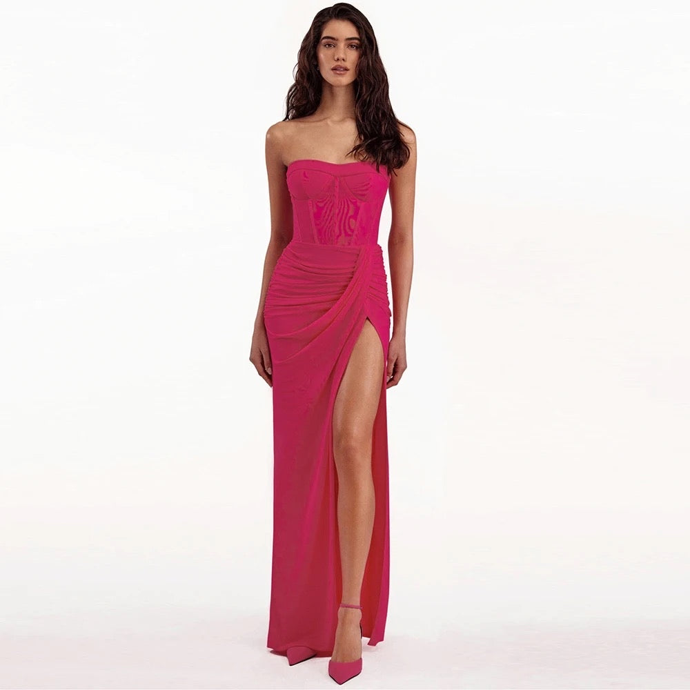 Eye-catching Pink Off Shoulder Pleated High Split Long Dress REBECATHELABEL