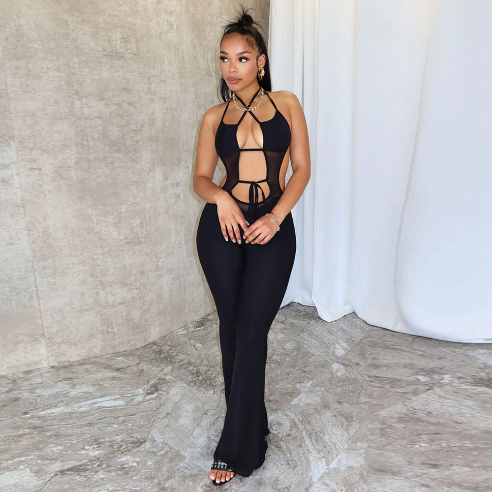 Sleeveless Lace up Backless Slightly Flared Sexy Wide Leg Jumpsuit