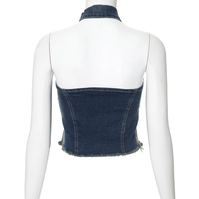 Sleeveless Halter Backless Top Washed Worn Denim