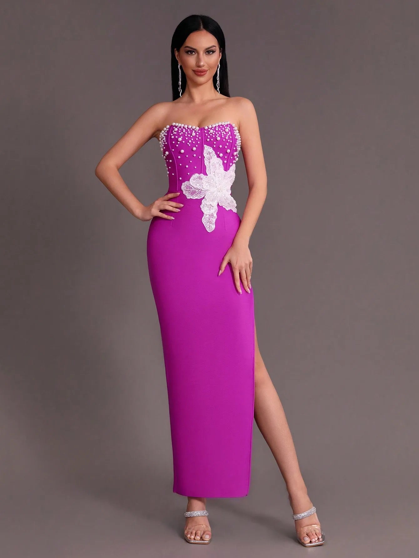 Beaded Sexy Strapless Side Split Long Bandage Dress