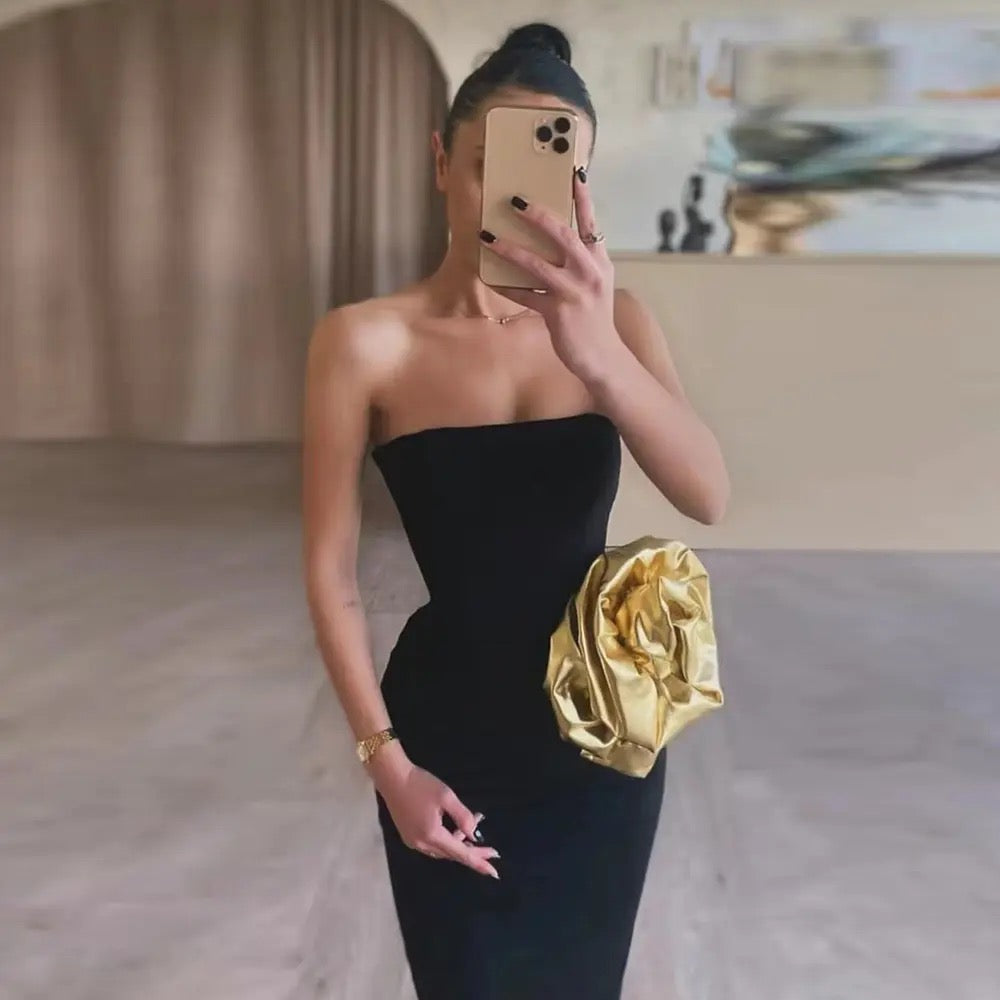 Strapless Gold Flower Tight Long Bandage Dress