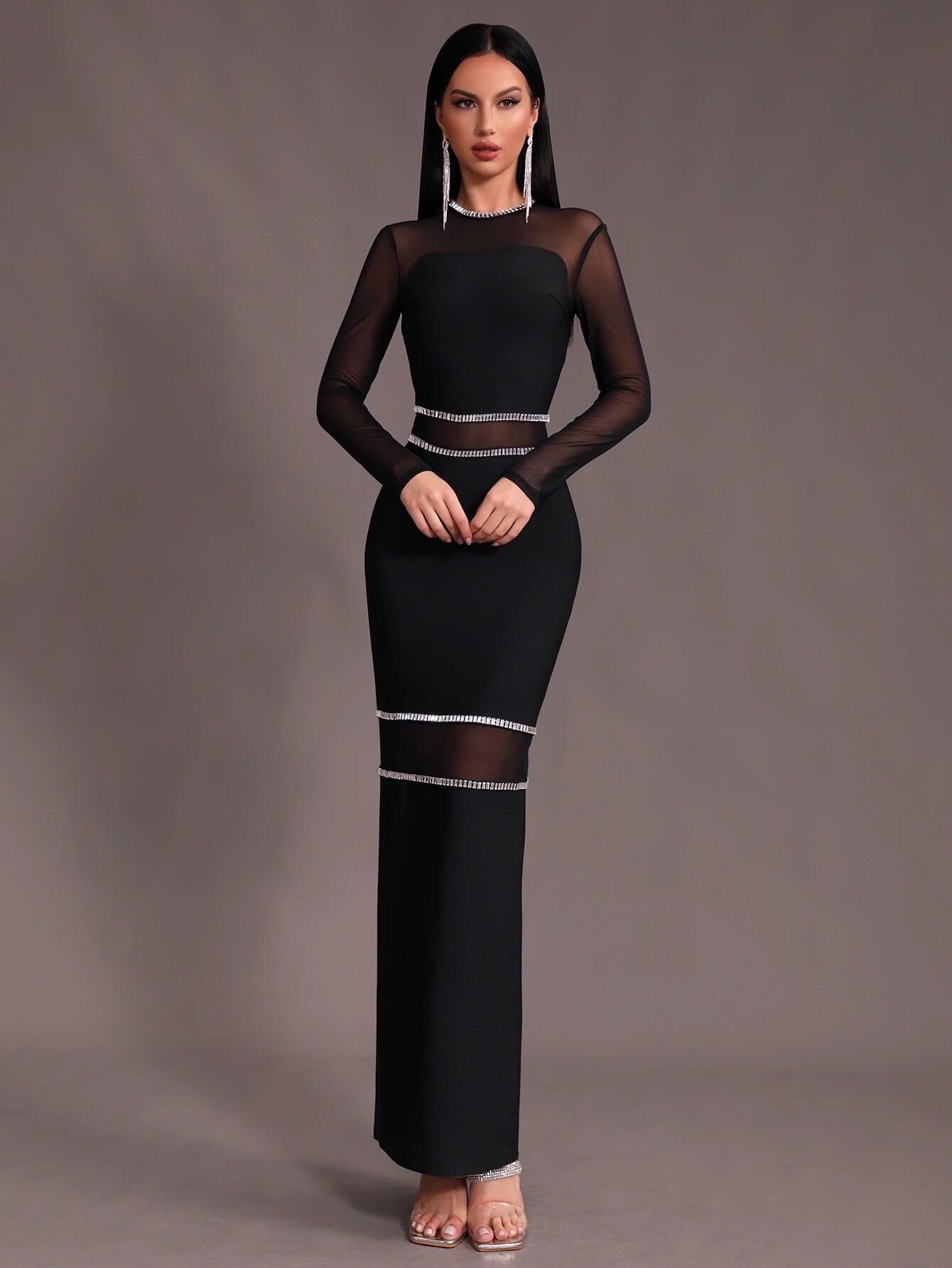 Spliced Mesh Diamond Tight Bandage Long dress