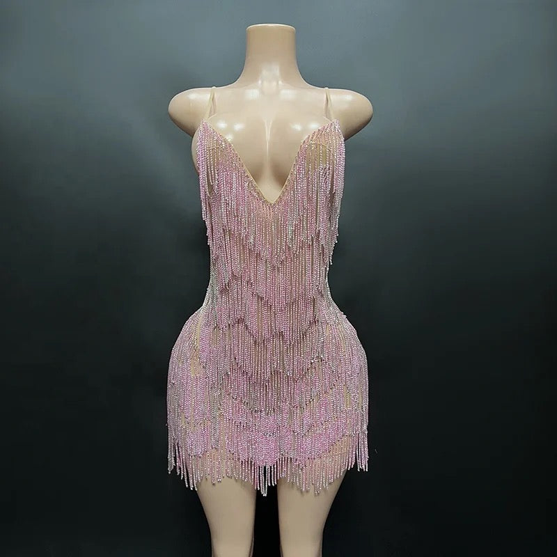 Crystal Chain Fringe Mesh Mini Dress In Pink