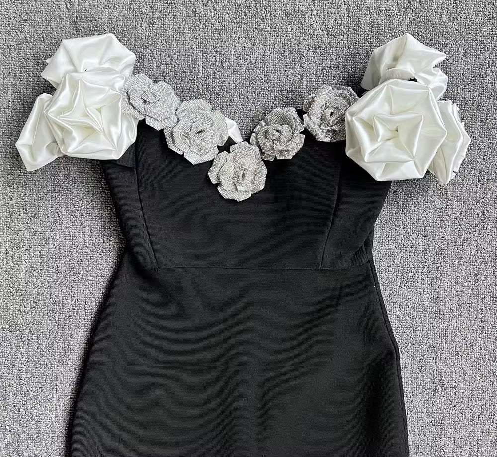 Stereoscopic Flowers Off The Shoulder Ankle Lenght Bandage Dress