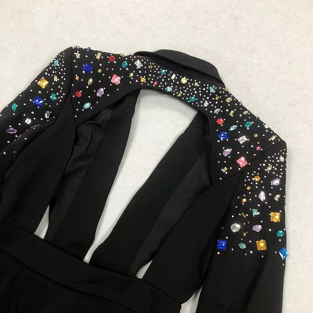 jumpsuit Backless Colorful Diamond Long sleeved Pants