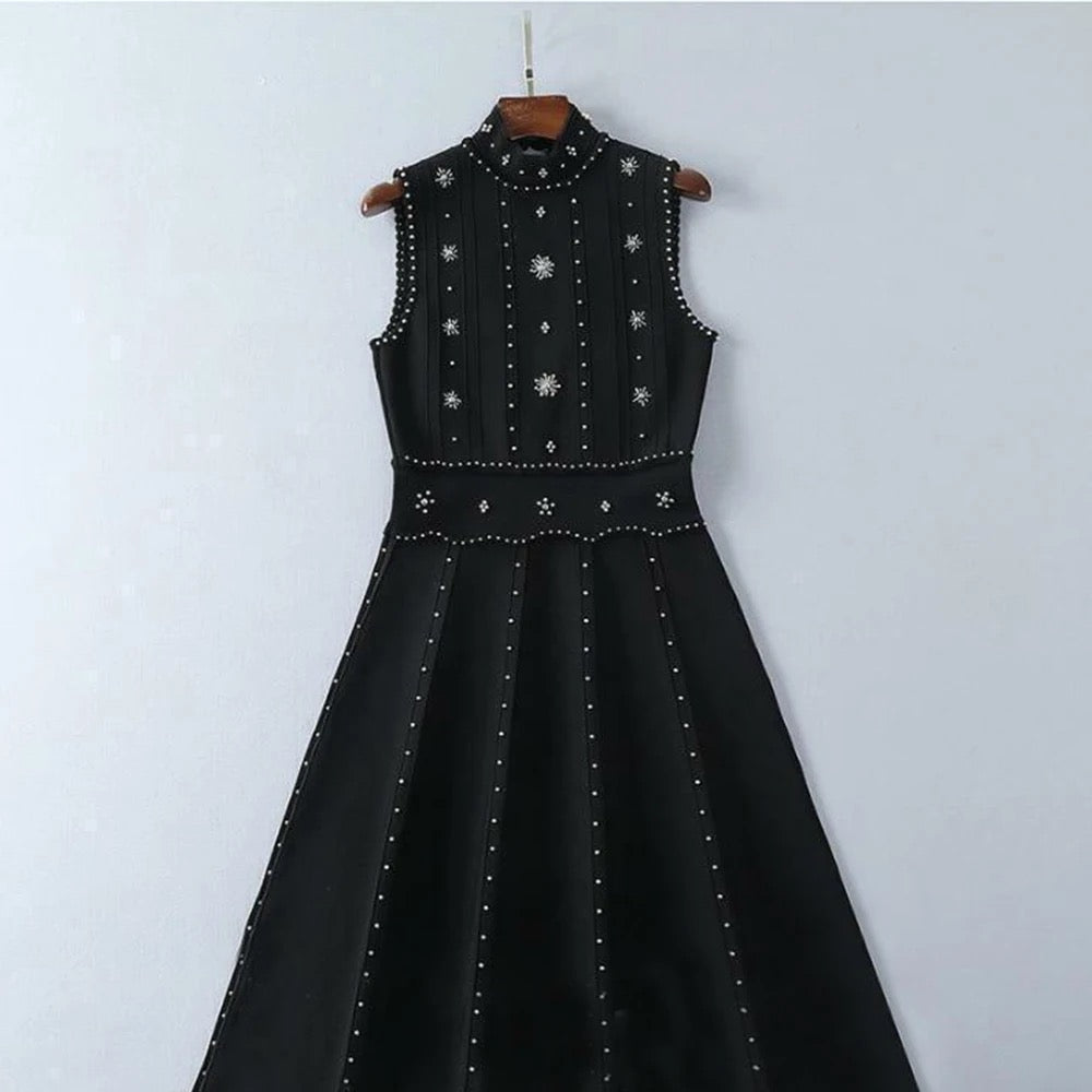 Black A-line Round Neck Sleeveless Beaded Knitted Elastic Midi dress