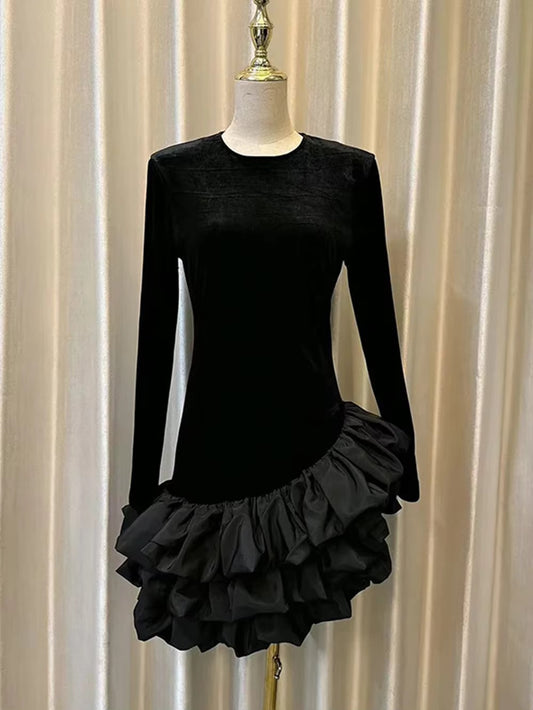 Long Sleeve Asymmetrical Ruffles Velvet Mini Dress