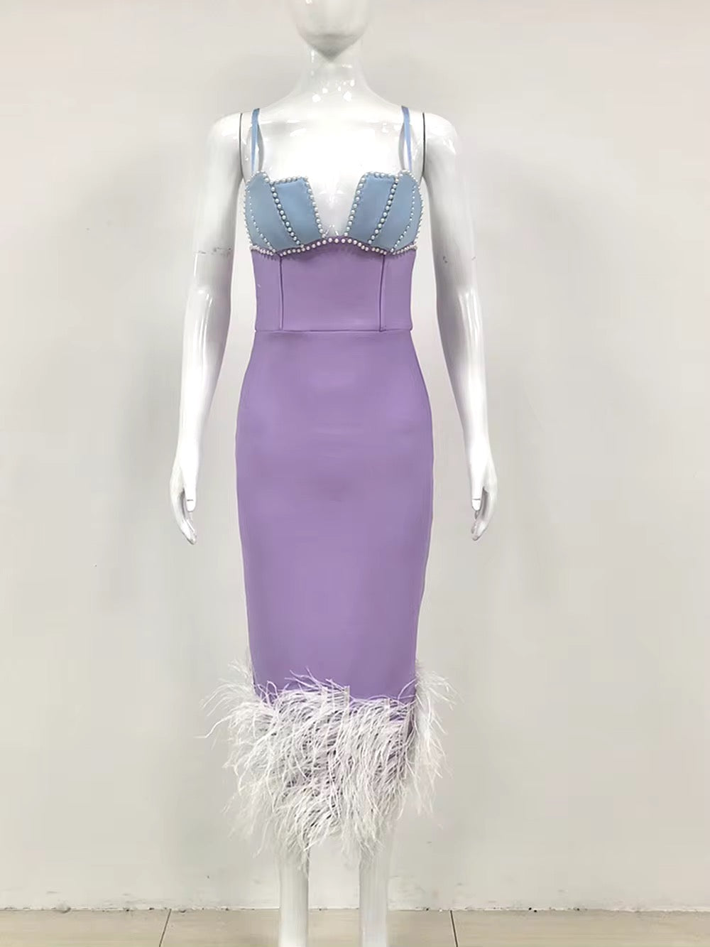 Feather Bead Spaghetti Strap Backless dress