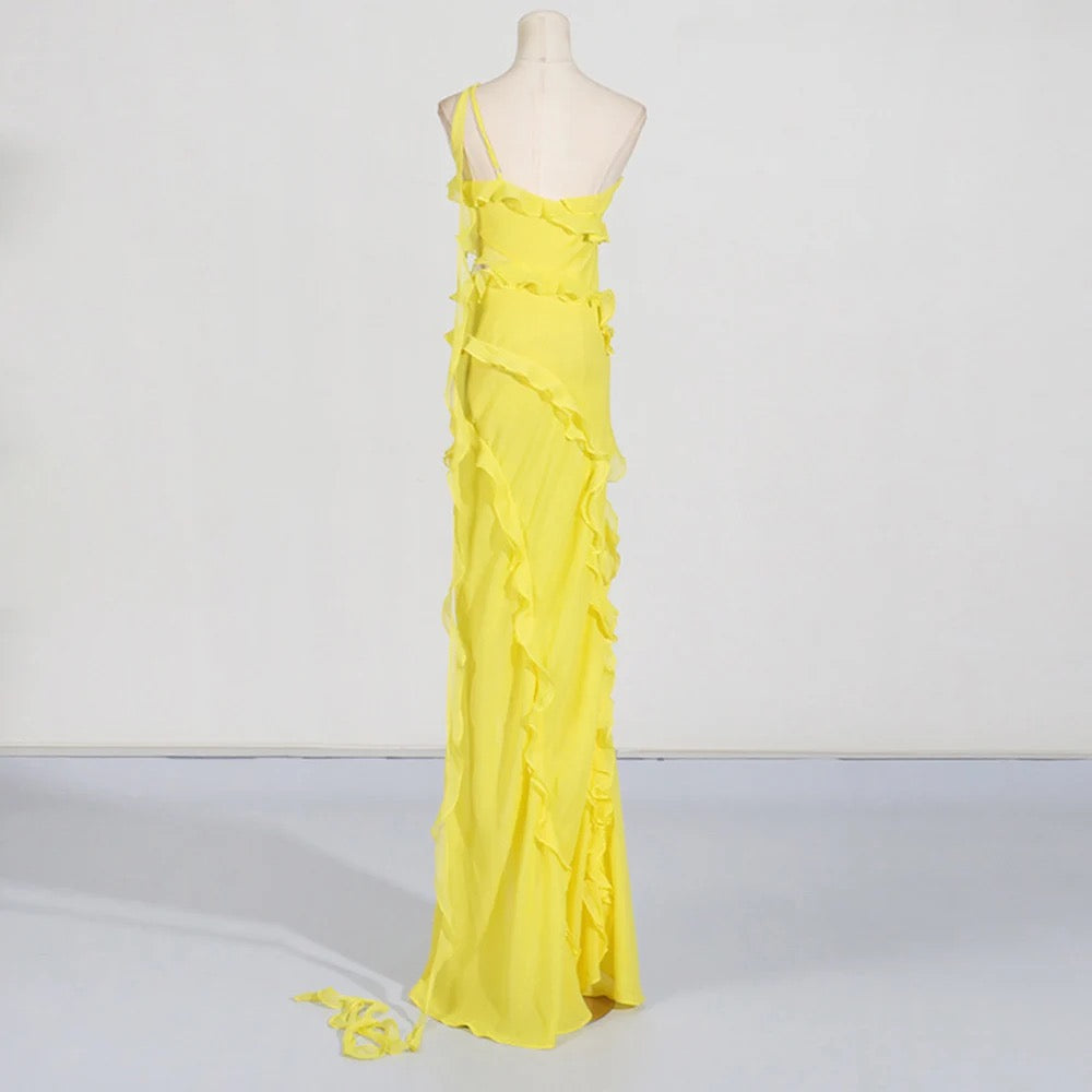 Yellow Sexy Asymmetric Maxi Dress with Ruffle Edge